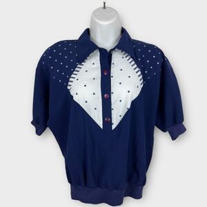 Vintage Nina St Claire Blue Polka Dot Tuxedo Front Sweatshirt Tee 80s M/L
